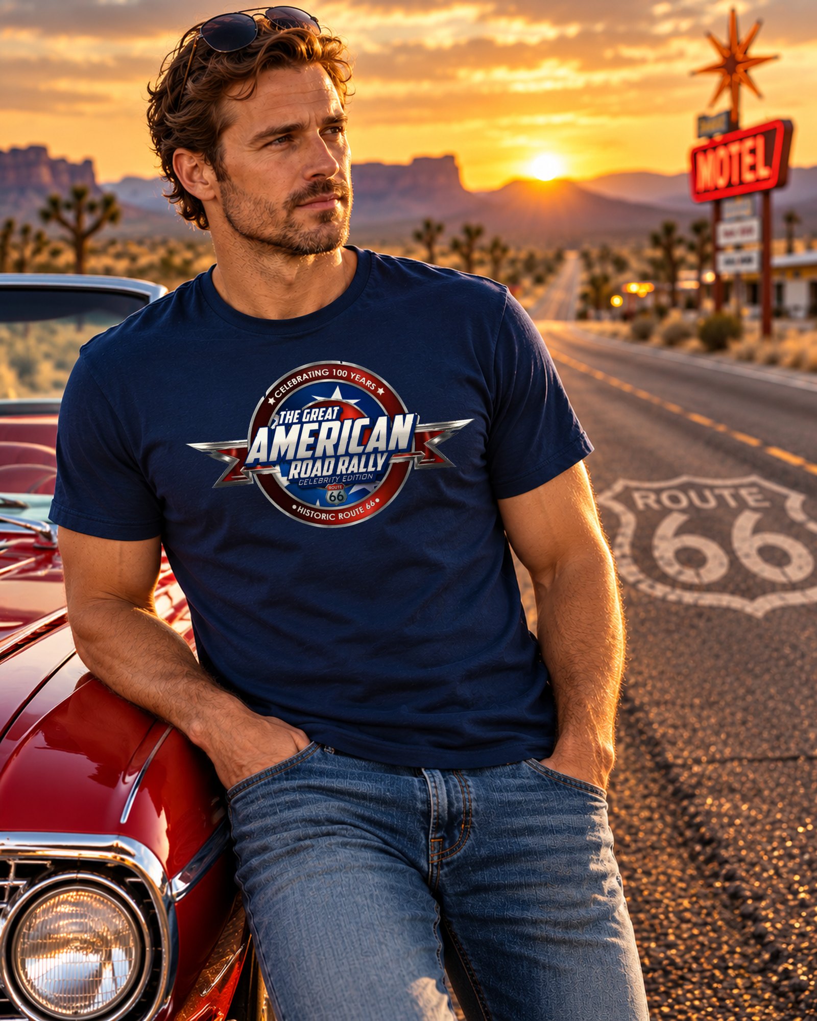 Man wearing The Great American Road Rally official tee beside a classic red convertible on Route 66 at sunset